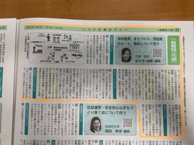しぶや区議会だよりが届きました😊  2枚目の写真の、黄色マーカー🟨部分は、
私がポジティブに感じた、区長答弁です。  反対に、
・スクールサポートスタッフ
・給食費
・羽田飛行ルート
・ヤングケアラー
は、これからも指摘すべき点だと考えています🧐